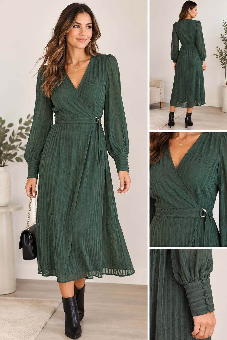 Bardot Dark Forest Green Midi Dress V-neckline Wrap-Style Bodice Size L